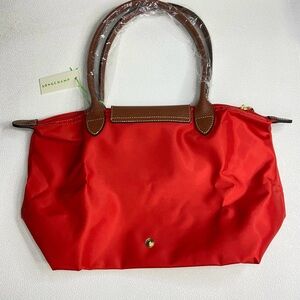 Longchamp Vibrant Red Tote with Brown Accents